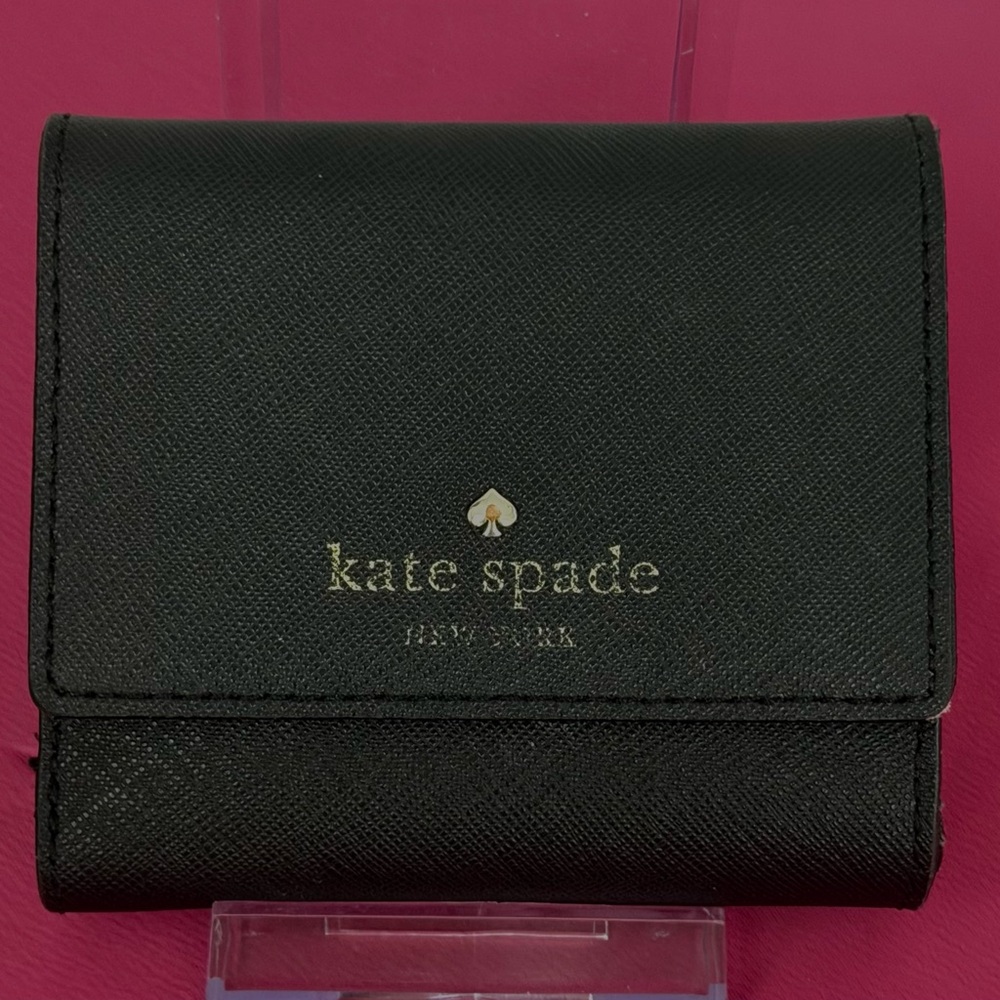 Kate Spade Black Tri Fold Polka Dot Interior Leather Wallet Excellent Condition